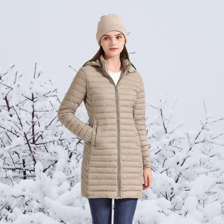 Women's Quilted Long Parka with Hooded Zip Closure
