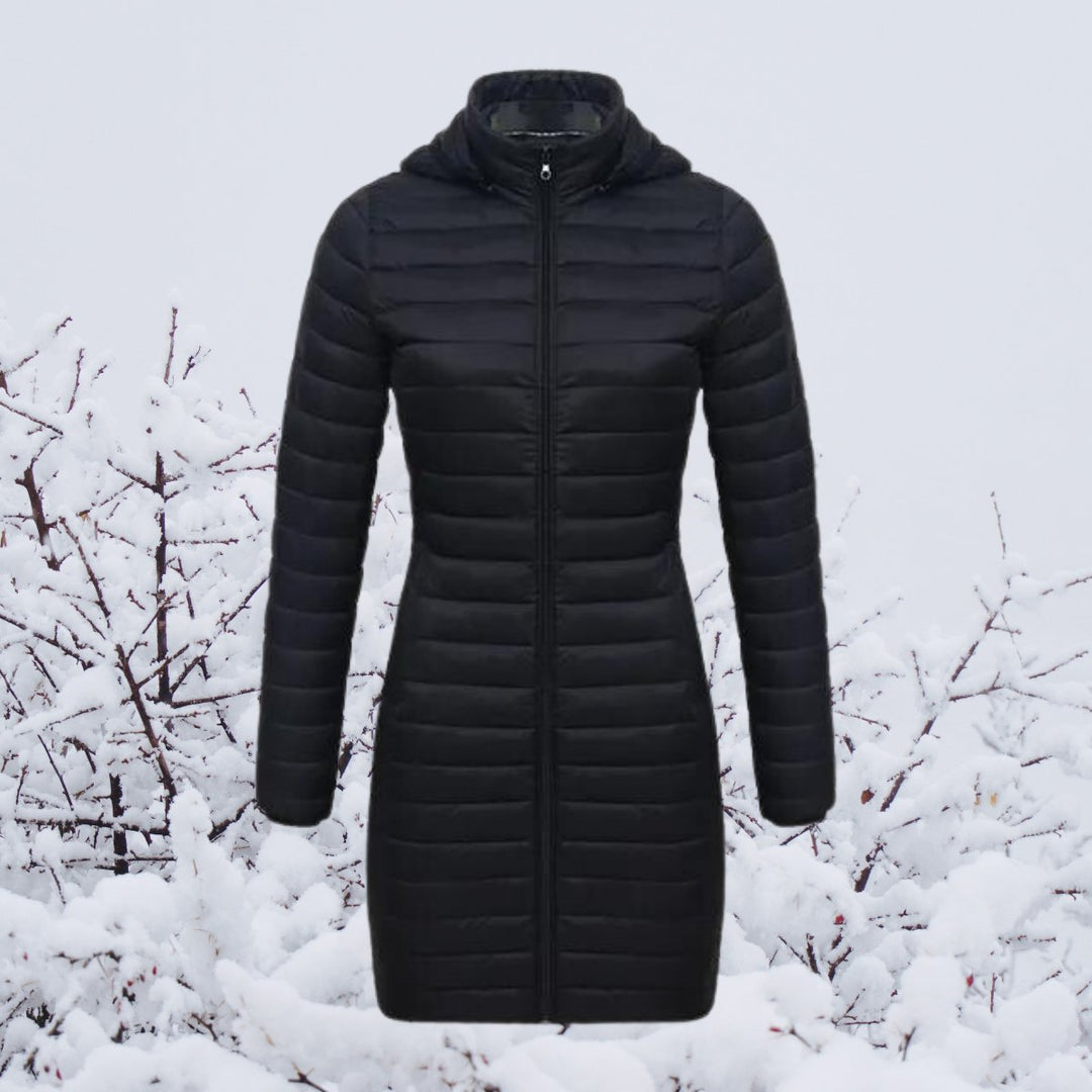 Women's Quilted Long Parka with Hooded Zip Closure