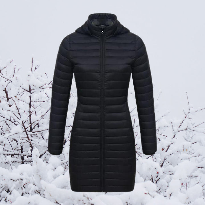 Women's Quilted Long Parka with Hooded Zip Closure