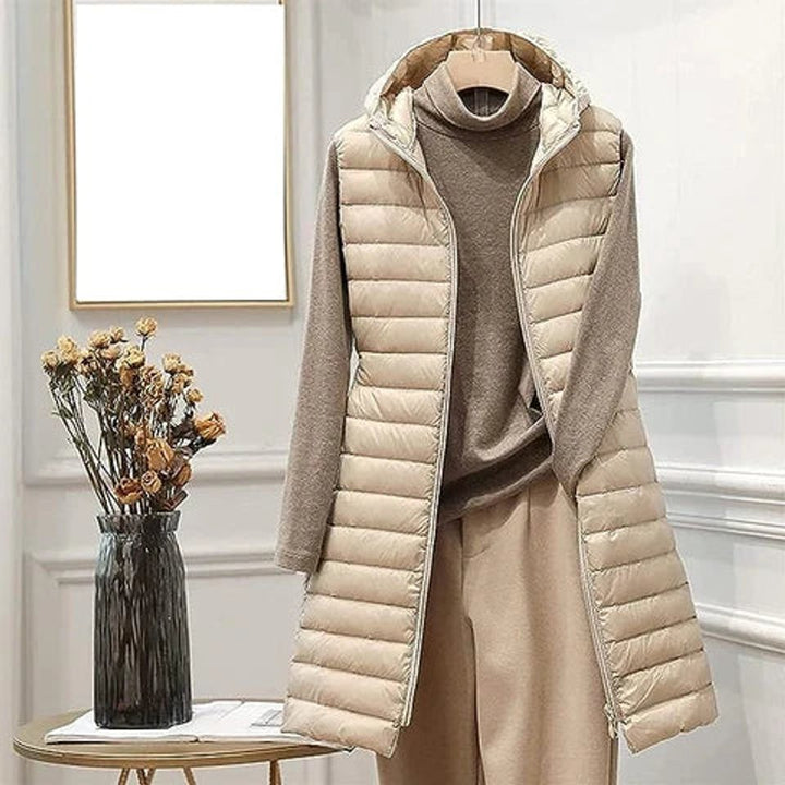 Women's Quilted Longline Gilet with Hood and Zip