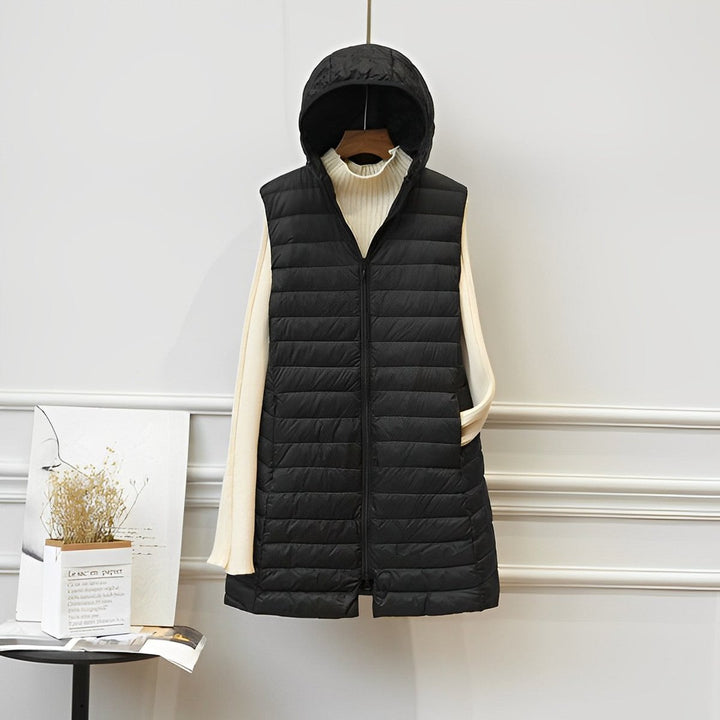 Women's Quilted Longline Gilet with Hood and Zip