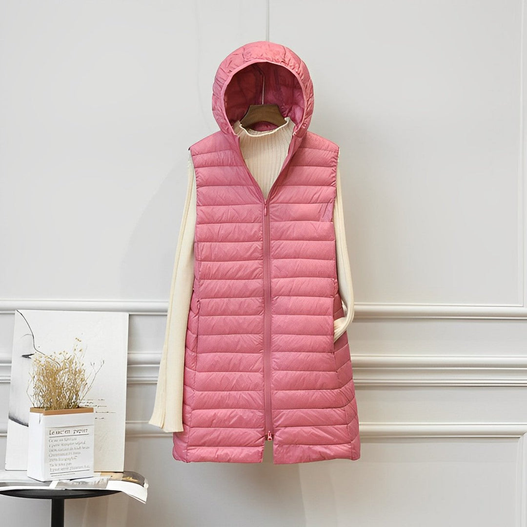 Women's Quilted Longline Gilet with Hood and Zip