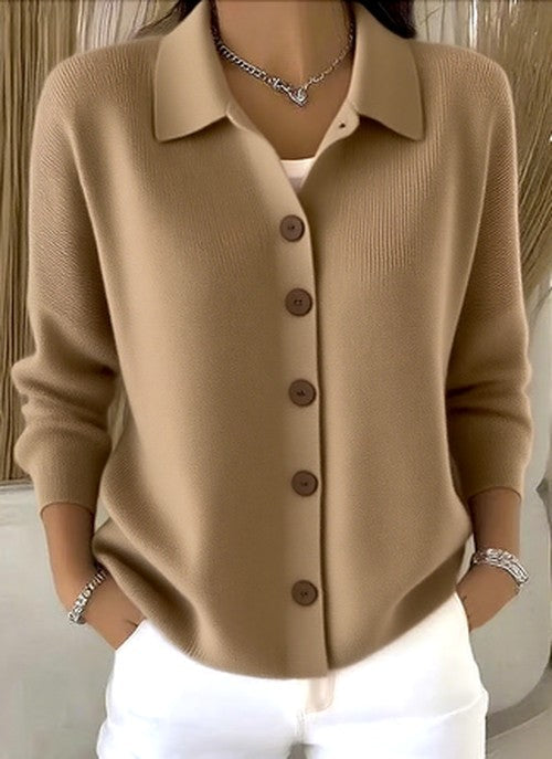 Women's Ribbed Knit Cardigan with Collared Button Front