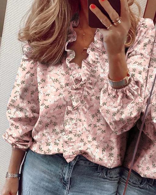 Women's Long Sleeve Ruffle V-Neck Blouse