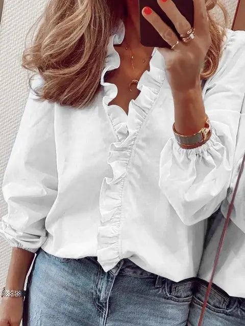 Women's Long Sleeve Ruffle V-Neck Blouse