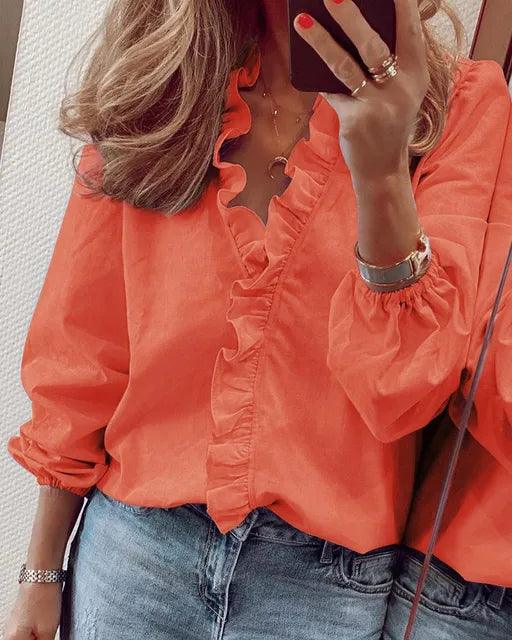 Women's Long Sleeve Ruffle V-Neck Blouse