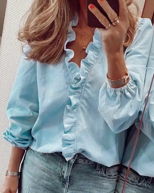 Women's Long Sleeve Ruffle V-Neck Blouse