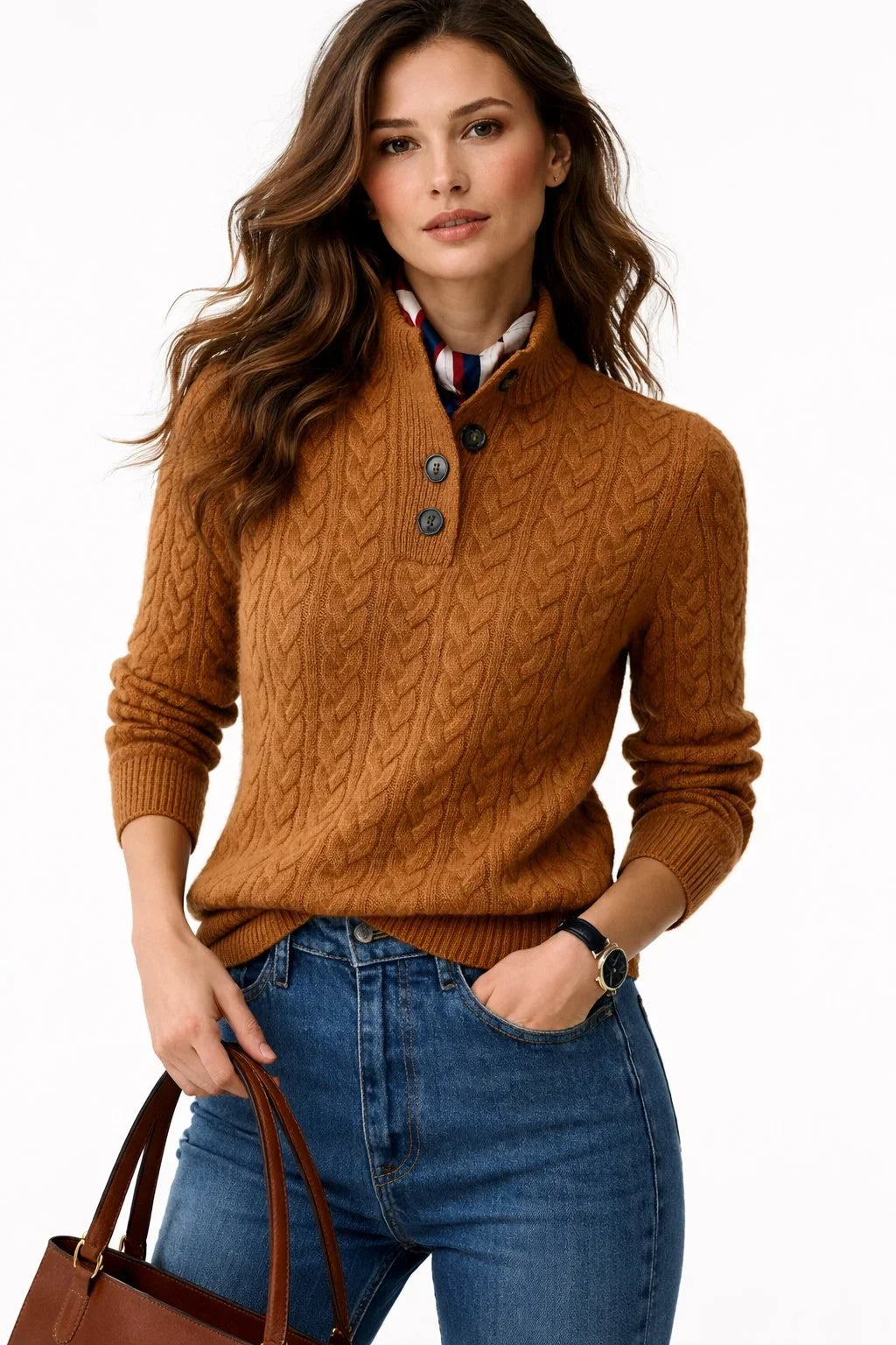 Women's Wool Blend Cable Knit Mock Neck Jumper with Buttons