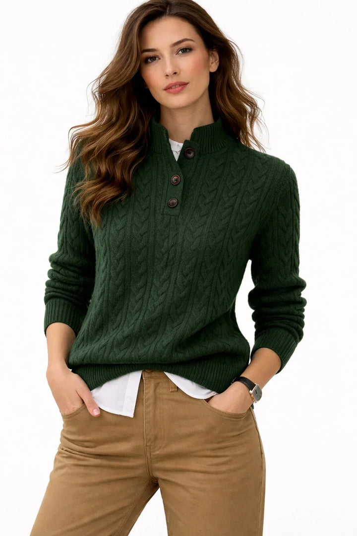 Women's Wool Blend Cable Knit Mock Neck Jumper with Buttons