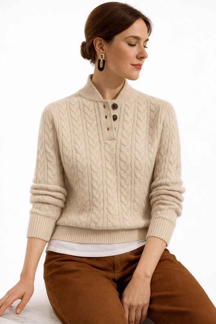 Women's Wool Blend Cable Knit Mock Neck Jumper with Buttons
