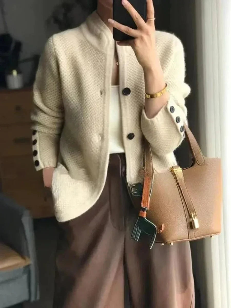 Women's Cashmere Wool Cardigan with Stand Collar