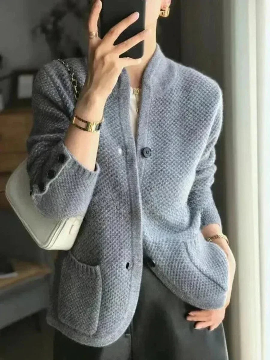 Women's Cashmere Wool Cardigan with Stand Collar