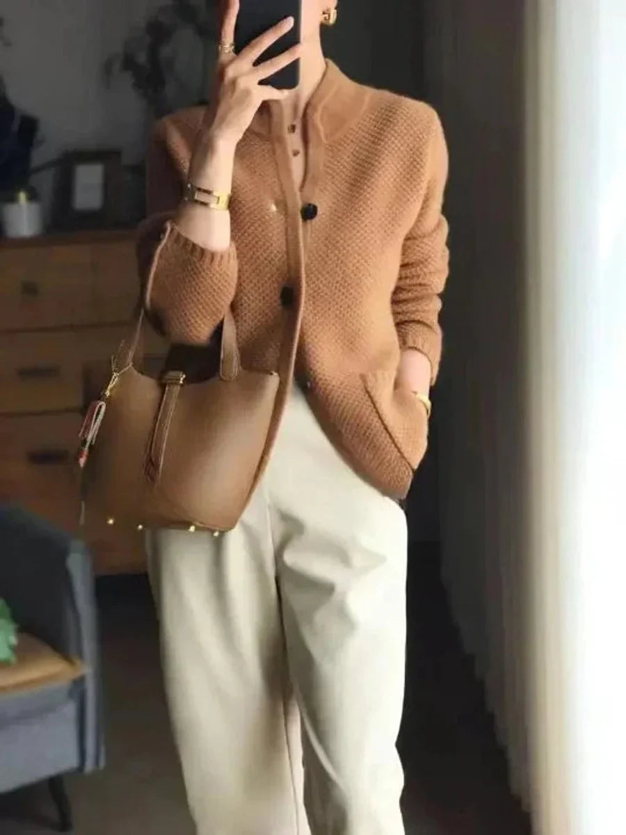 Women's Cashmere Wool Cardigan with Stand Collar
