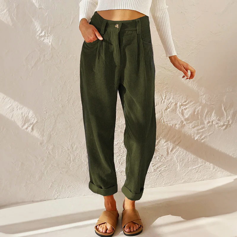Women's Corduroy Tapered Pants with Pleated Front