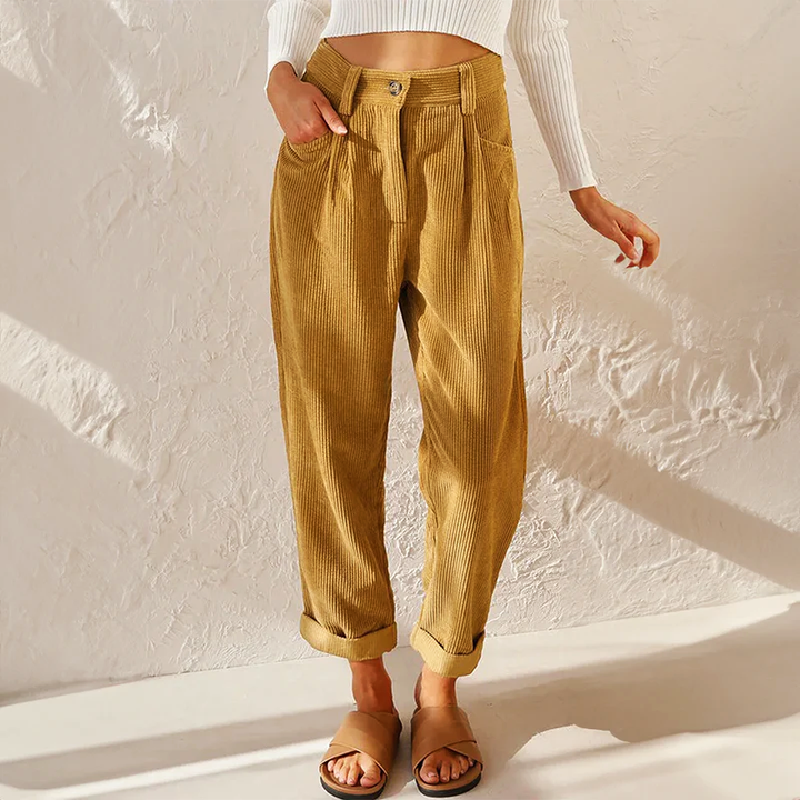 Women's Corduroy Tapered Pants with Pleated Front