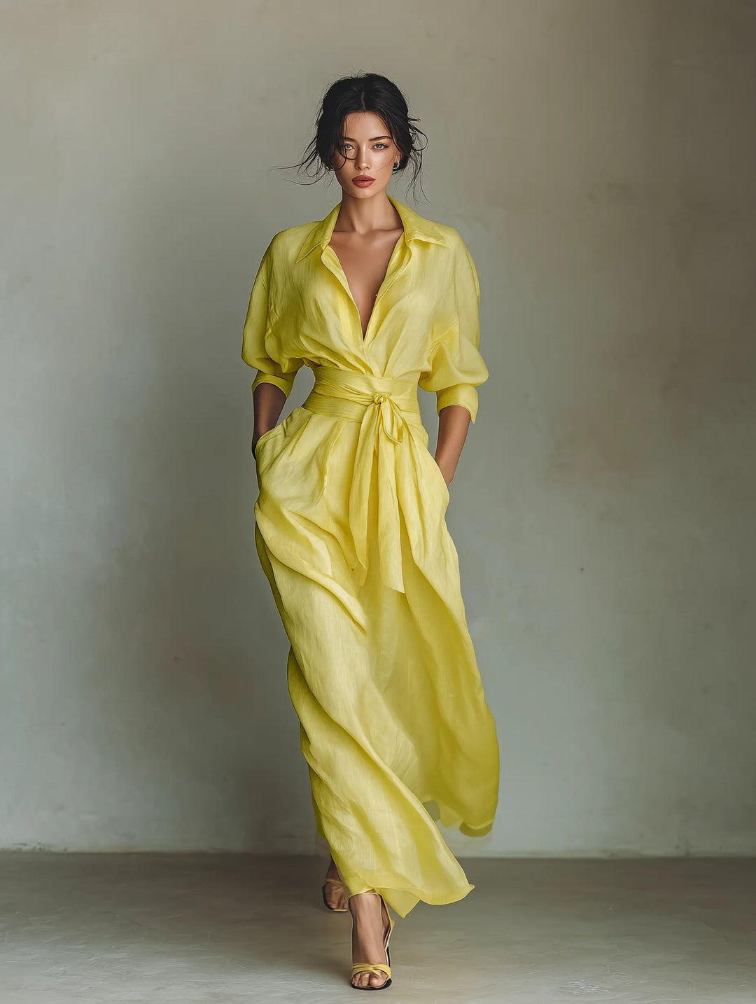 Collared Linen Shirt Maxi Dress