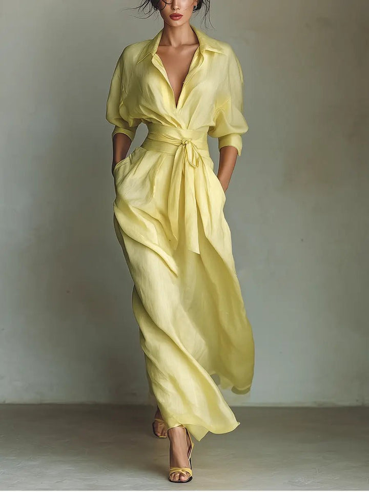 Collared Linen Shirt Maxi Dress