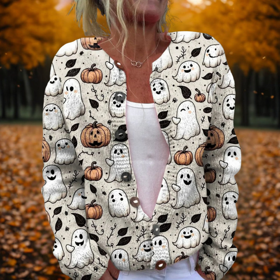Women's Ghost Pumpkin Halloween Cardigan with Button Front