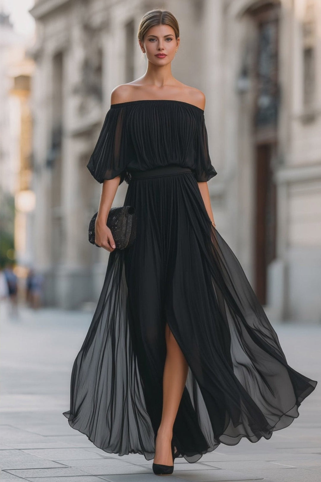 Pleated Off Shoulder Maxi Dress