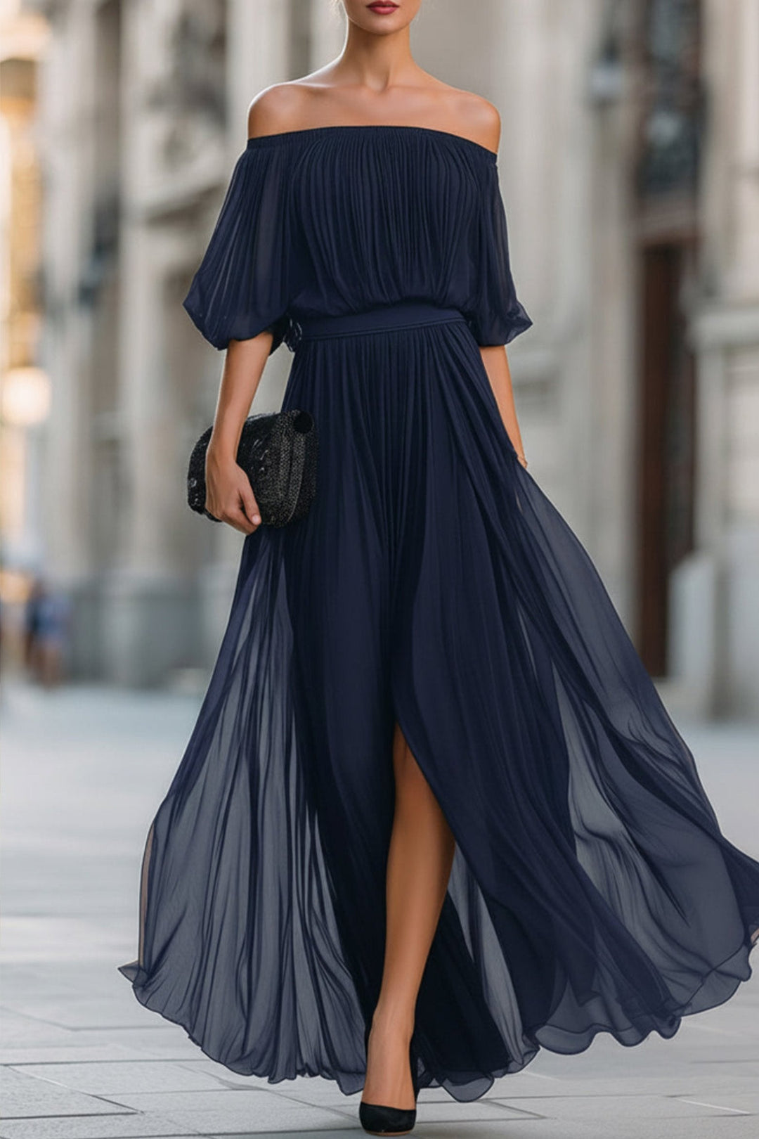 Pleated Off Shoulder Maxi Dress