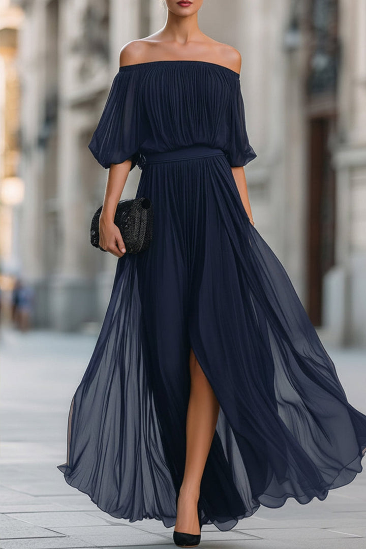 Pleated Off Shoulder Maxi Dress