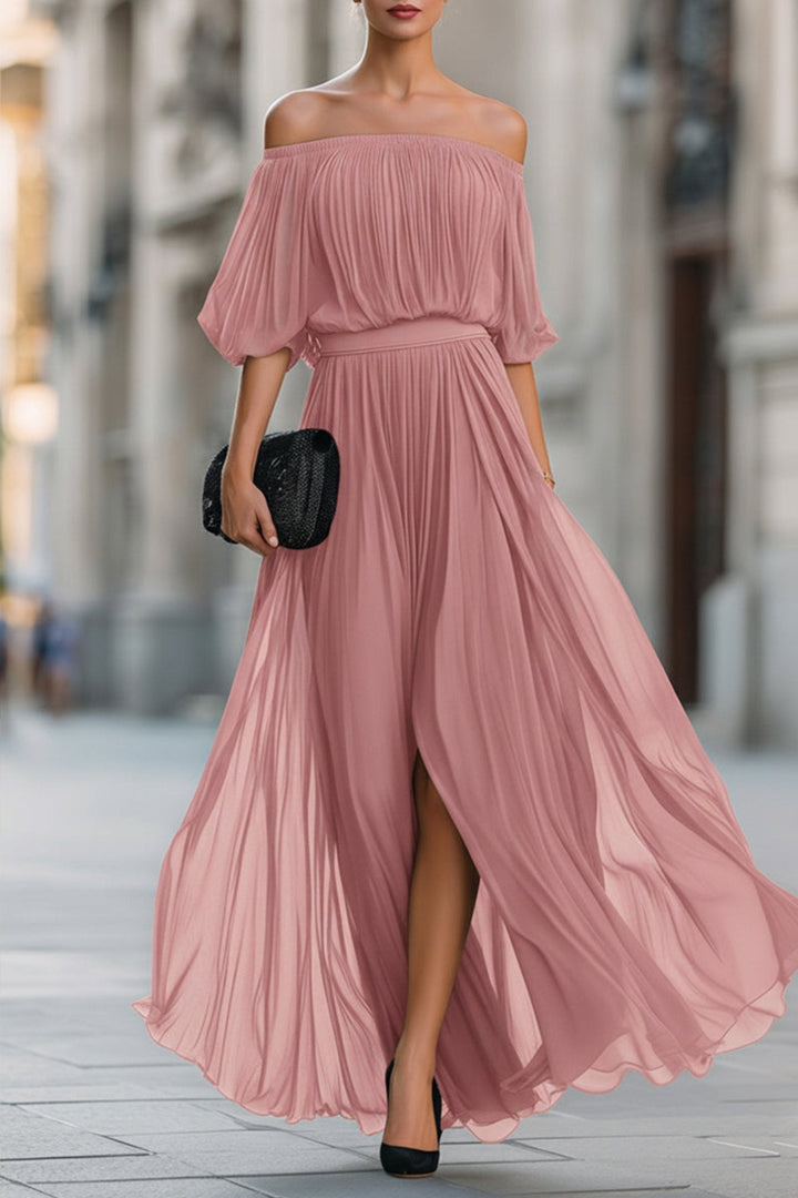 Pleated Off Shoulder Maxi Dress