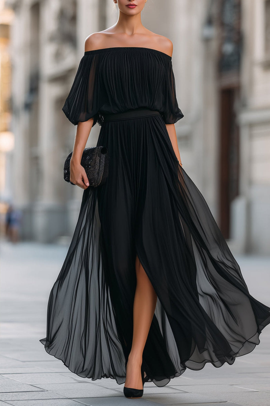 Pleated Off Shoulder Maxi Dress