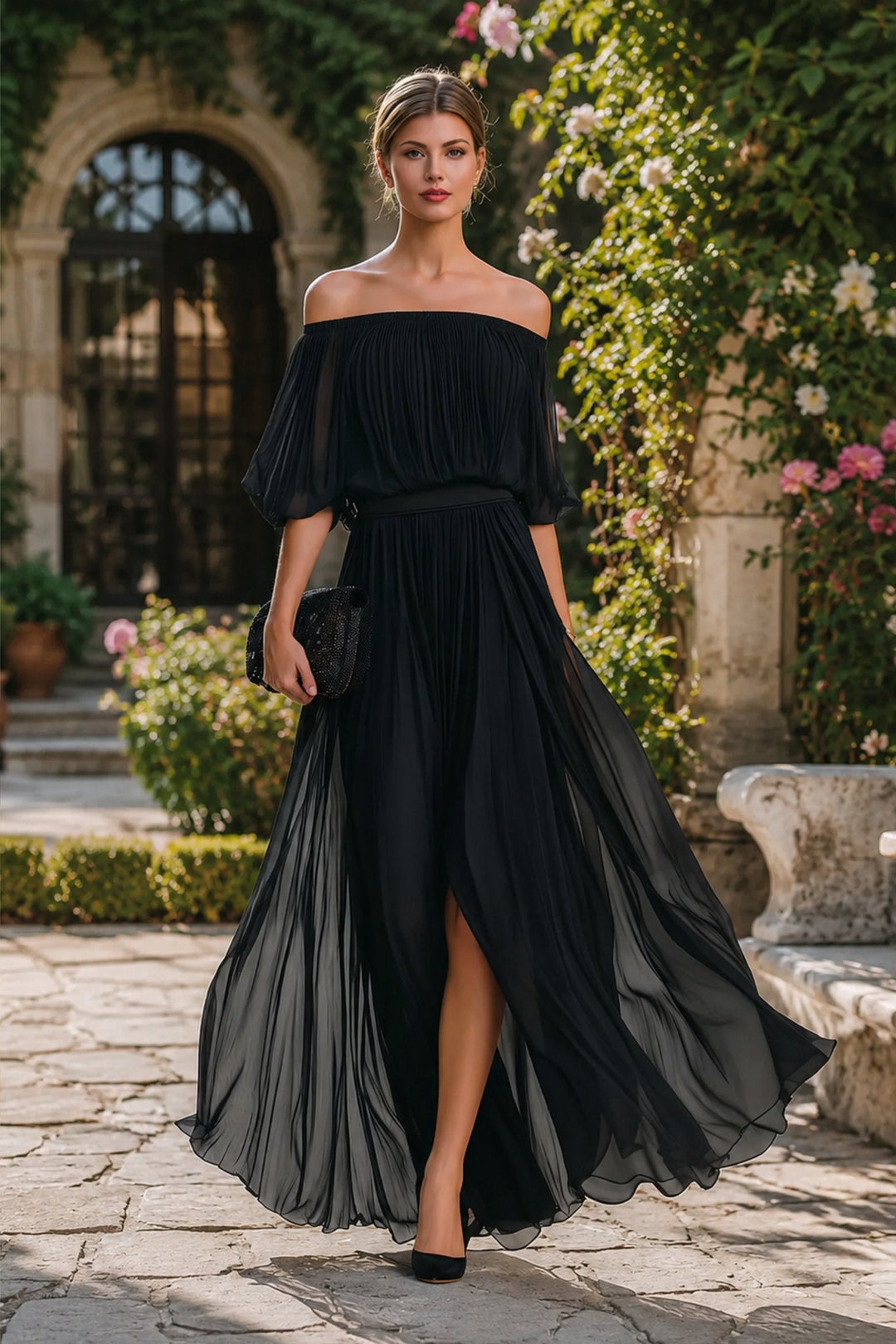 Pleated Off Shoulder Maxi Dress