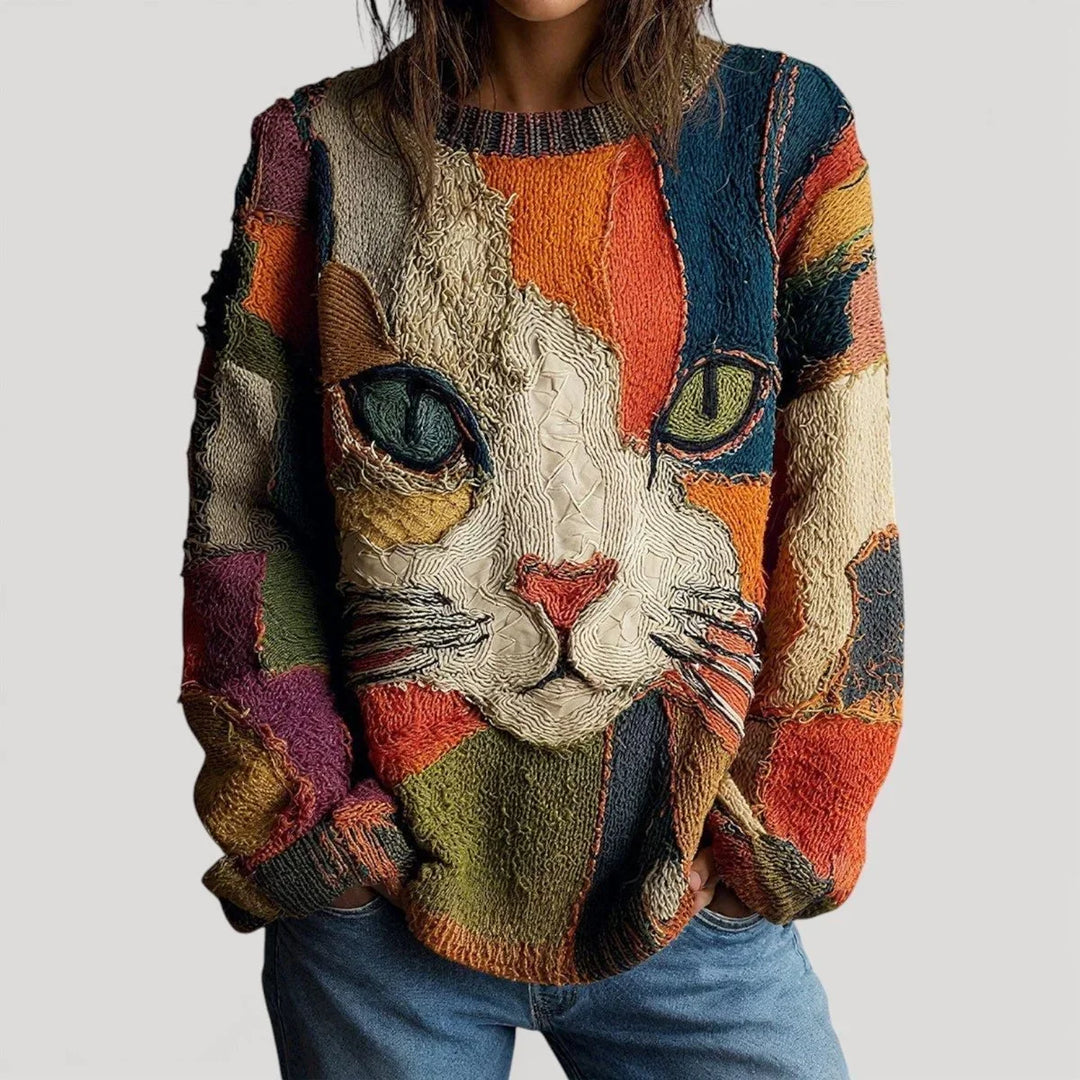 Women's Cat Graphic Knit Jumper in Relaxed Fit