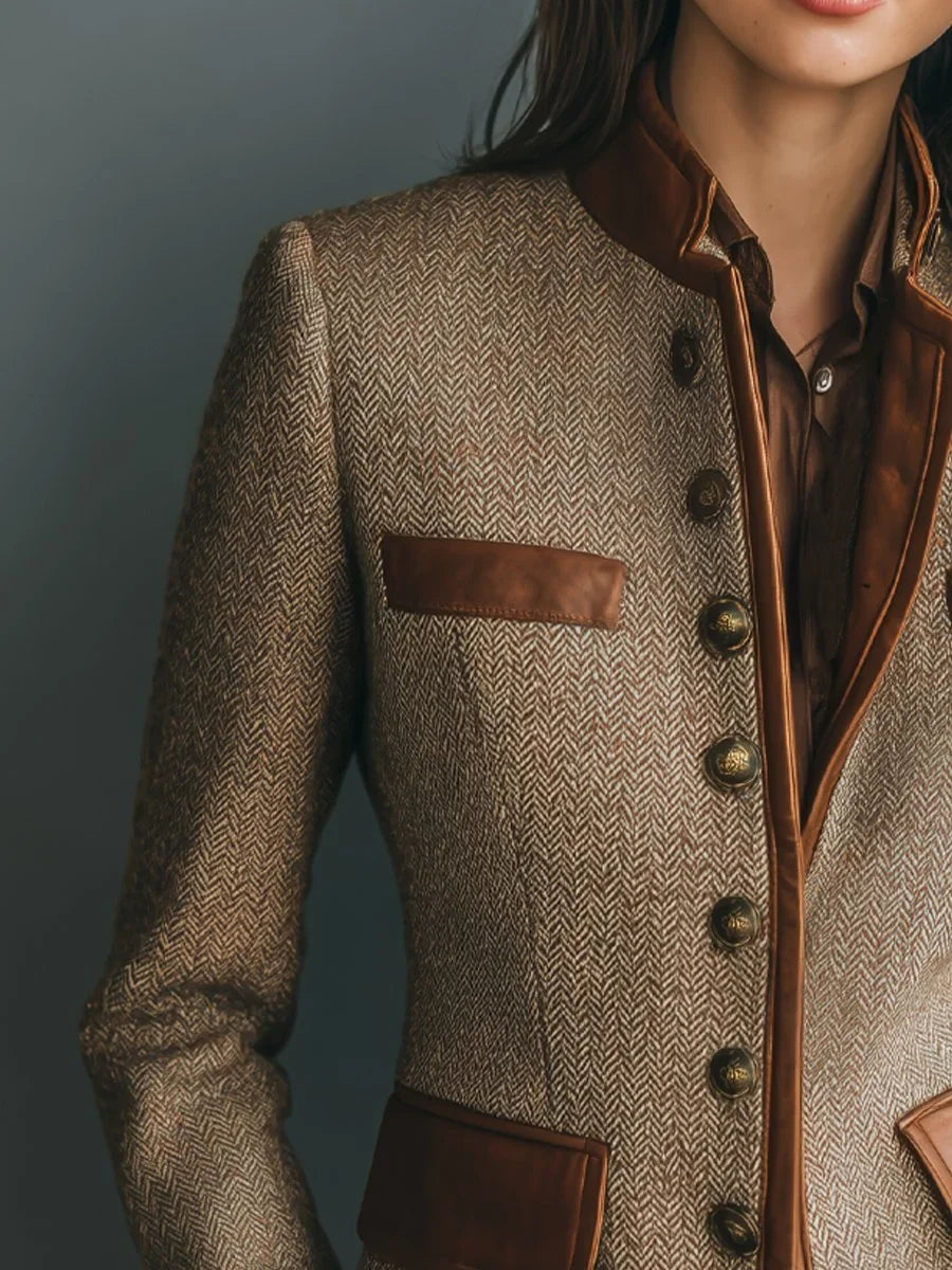 Women's Herringbone Tweed Jacket with Contrast Trim