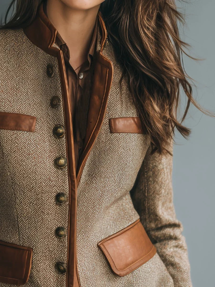 Women's Herringbone Tweed Jacket with Contrast Trim