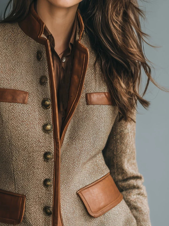 Women's Herringbone Tweed Jacket with Contrast Trim
