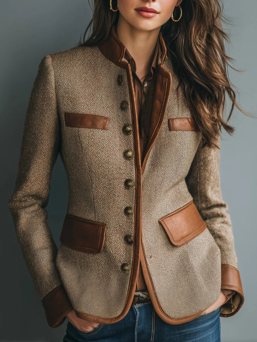 Women's Herringbone Tweed Jacket with Contrast Trim