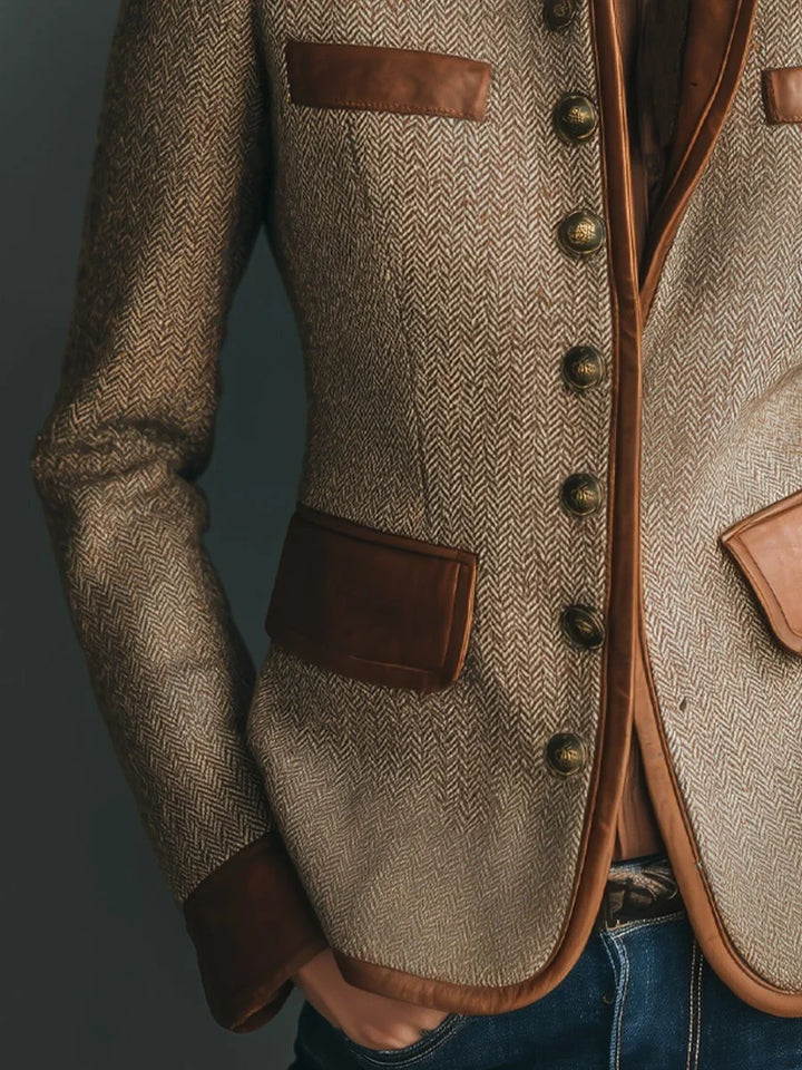 Women's Herringbone Tweed Jacket with Contrast Trim