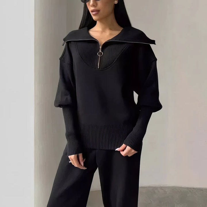 Women's Ribbed Knit Half-Zip Two Piece Lounge Co-Ord Set