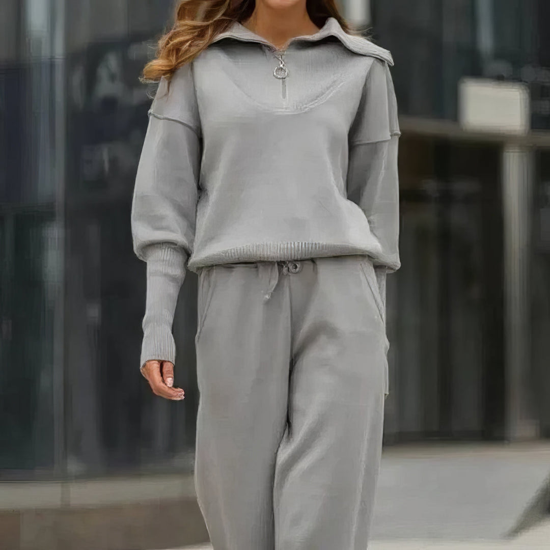 Women's Ribbed Knit Half-Zip Two Piece Lounge Co-Ord Set